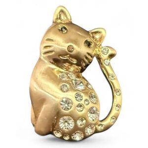 Cat Brooch With Crystal Stones 2” Gold Tone Kitty Cat